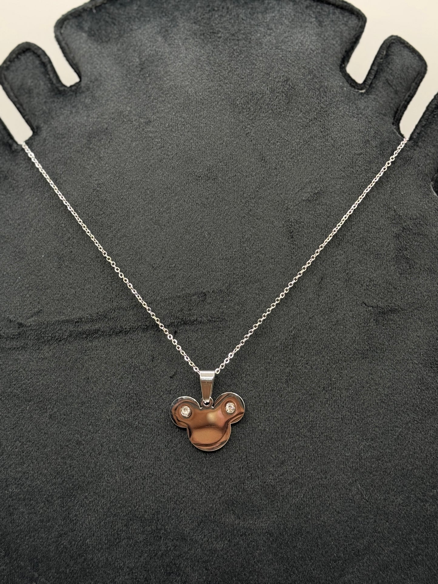 Silver Mickey Mouse Head with Crystal Eyes Necklace for men and women both