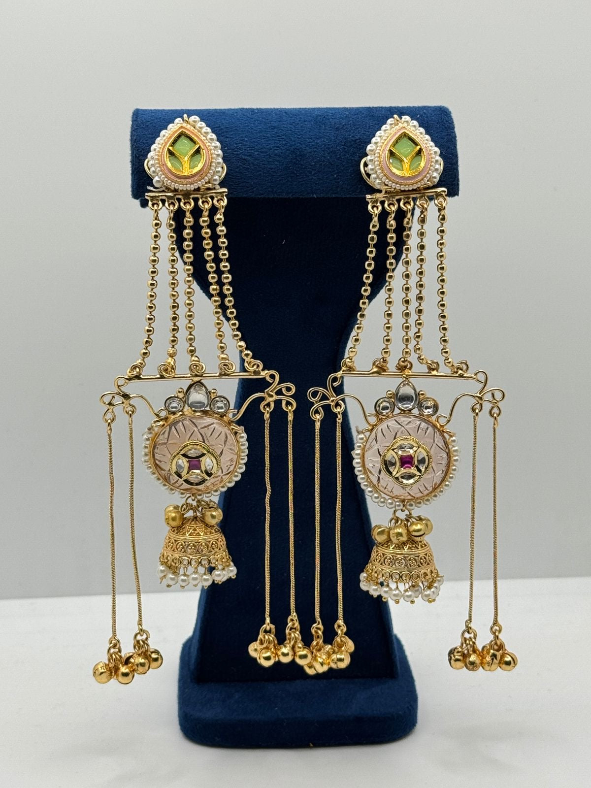 Multi-Tiered Gold earrings with peach stone