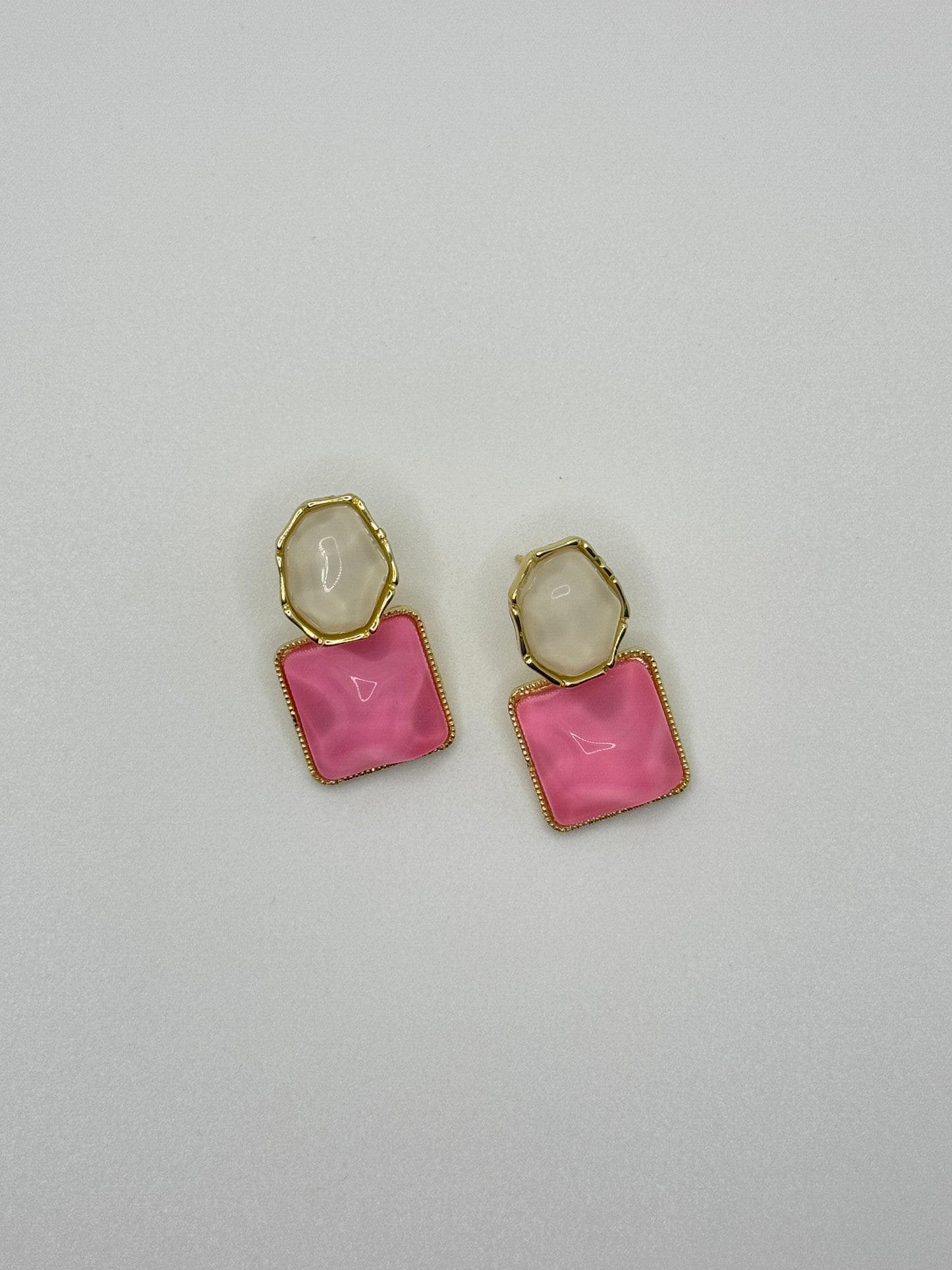 Gold-Toned Dual Stone Drop Earrings - Pink & Ivory