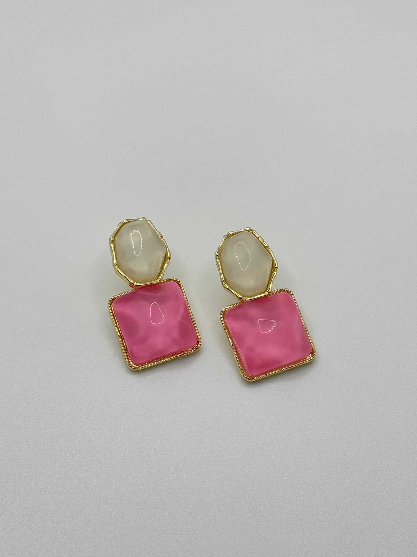 Gold-Toned Dual Stone Drop Earrings - Pink & Ivory