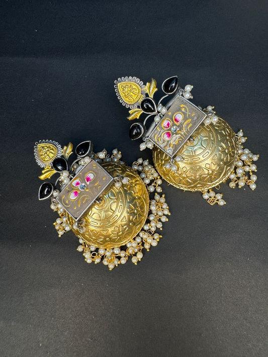Exquisite Dual-Tone Jhumkis with Hand-Painted Details and Pearl Drops