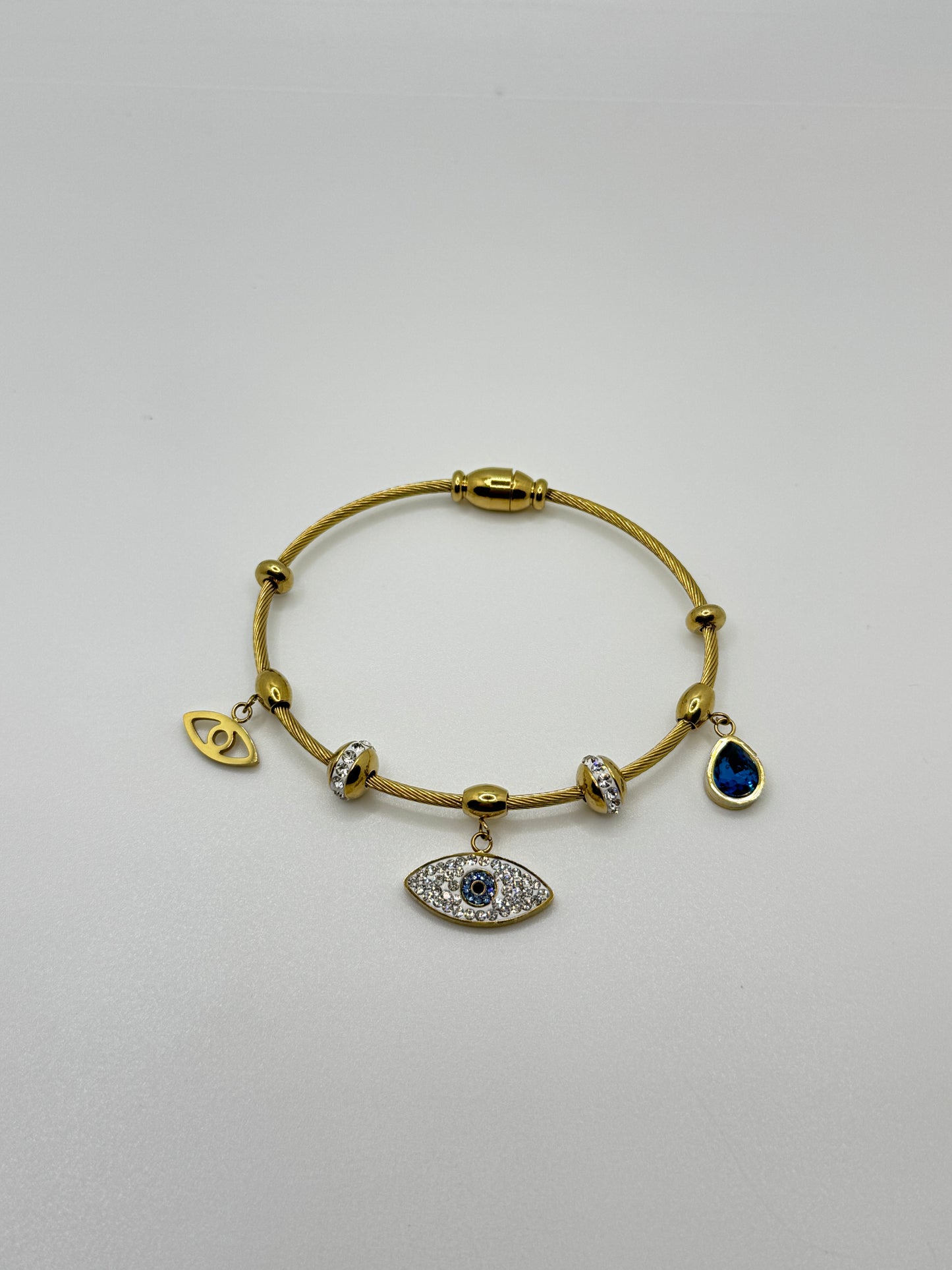 Gold Cable Bracelet with Evil Eye & Blue Drop Charms