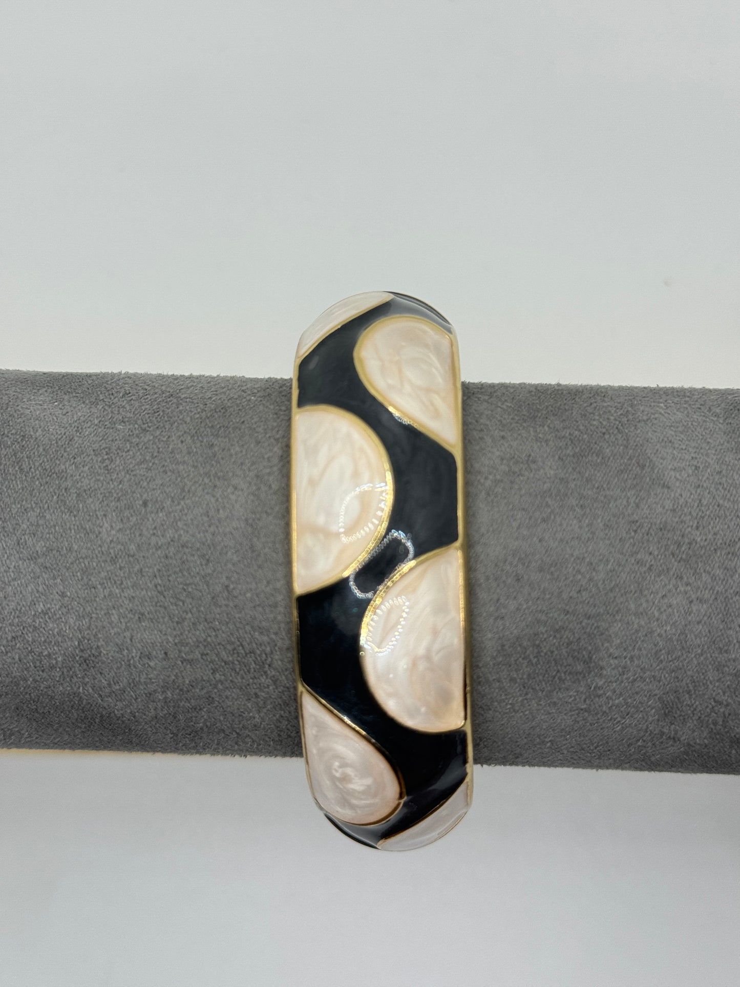 Wide Bangle with Black, White, and Gray Stripes on Gold