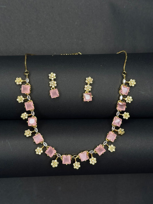 Necklace with square baby pink stones and floral accents