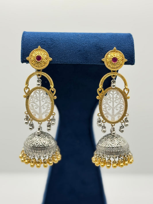 Red Stone Dual-Tone Tree Jhumkas