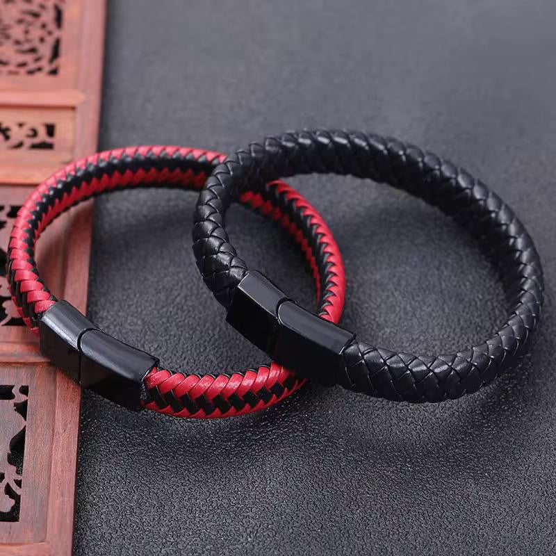 Retro woven leather mens bracelet with magnetic buckle
