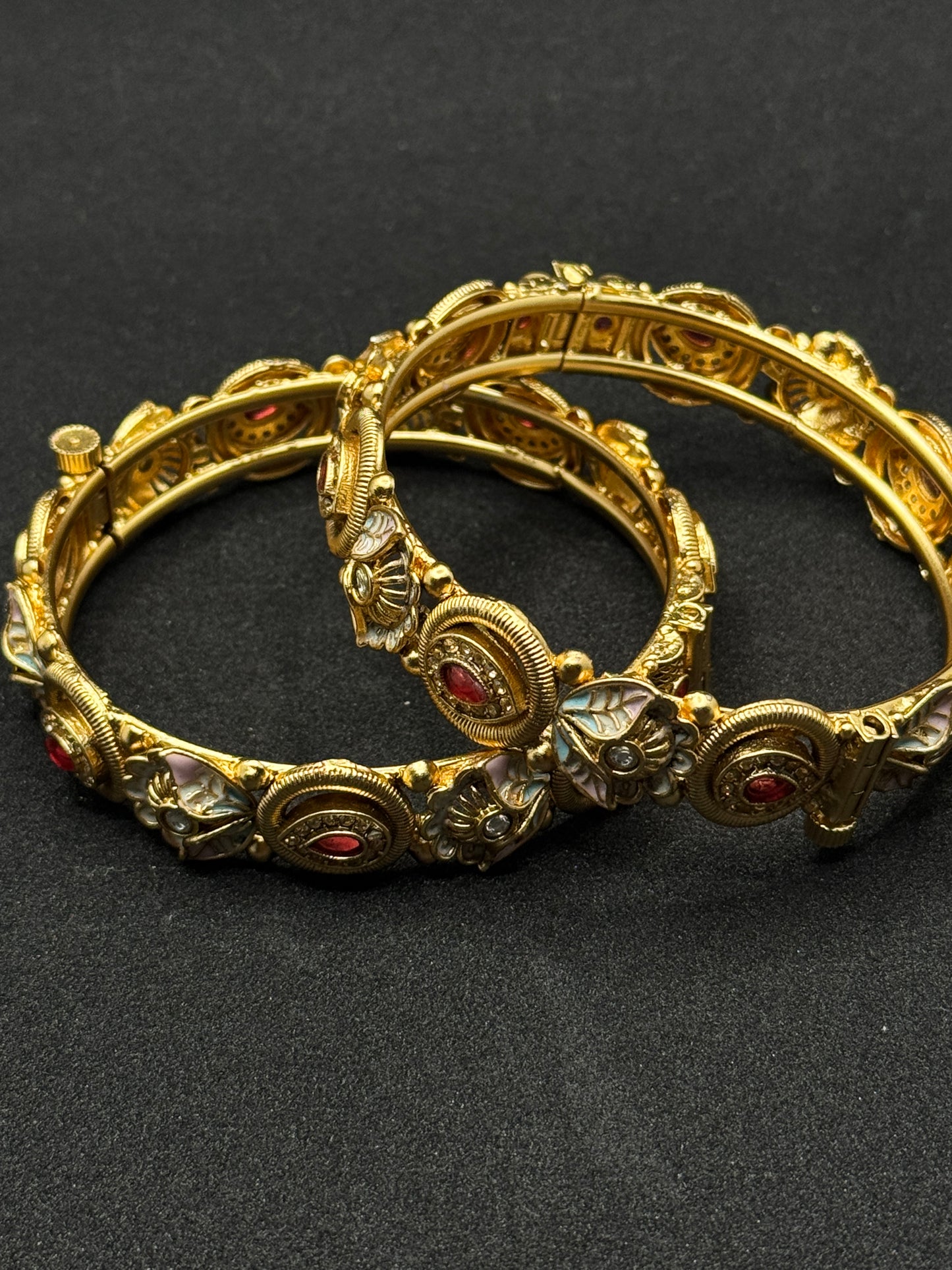 Ornate Gold Bangles with Red Stone Accents 2*6