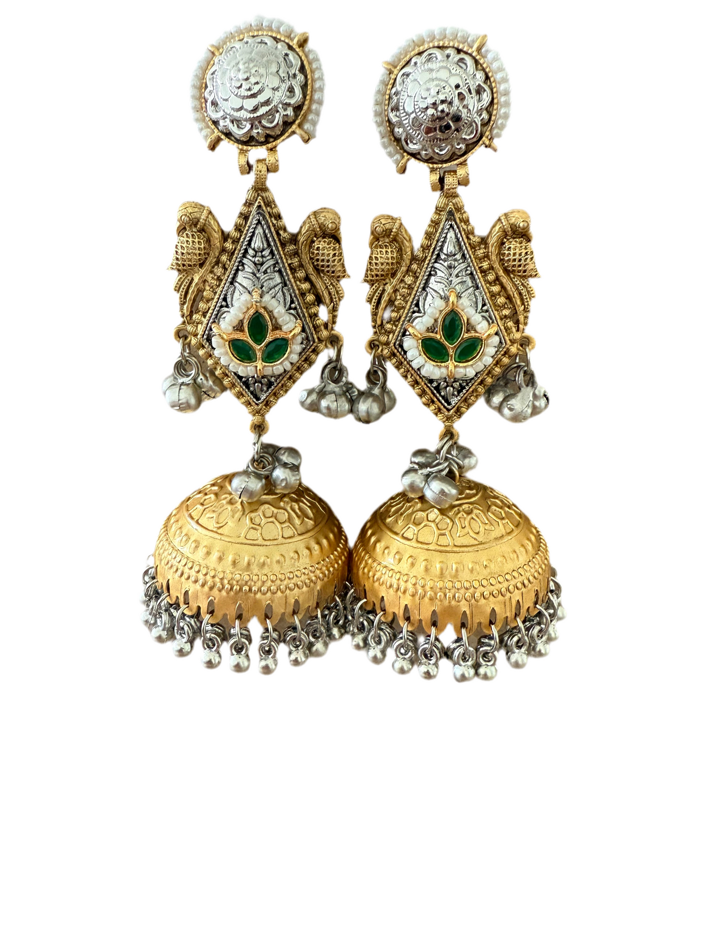 Exquisite Dual-Tone Traditional Jhumka Earrings with Peacock Motif - Green stones
