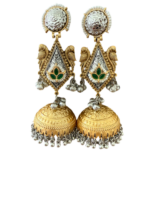 Exquisite Dual-Tone Traditional Jhumka Earrings with Peacock Motif - Green stones