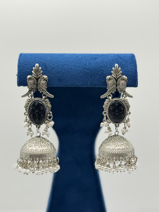 Black Carved Stone Peacock Jhumkas