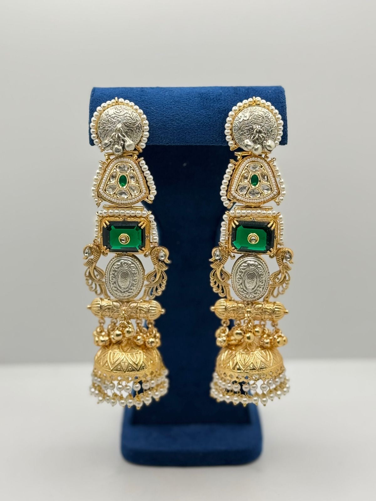 Emerald Green Stone Long Jhumka Earrings