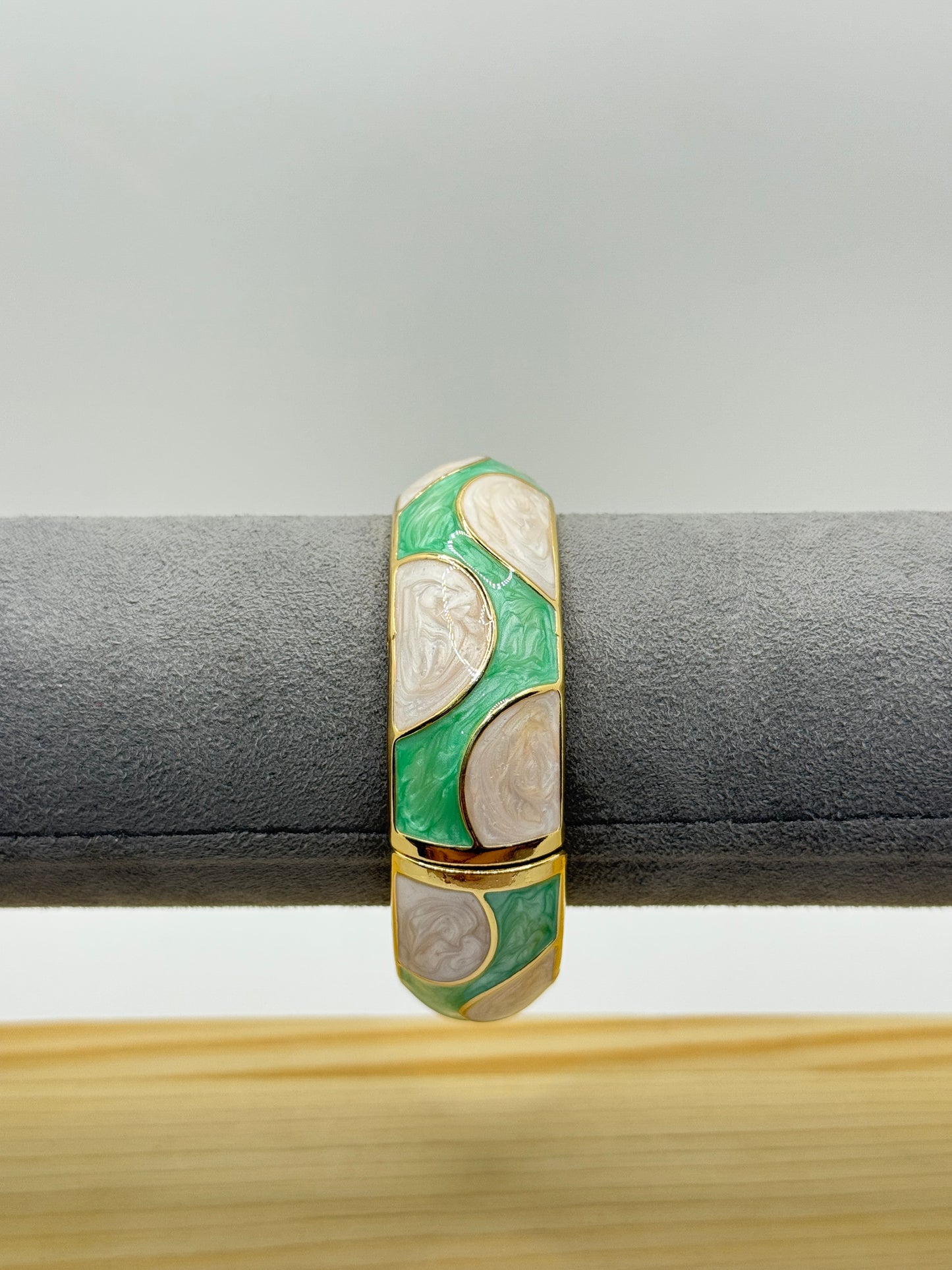Green and White Enamel Bangle with Gold Accents