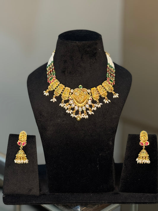 Traditional Gold-Plated Necklace Set with Pearl and Stone Drops