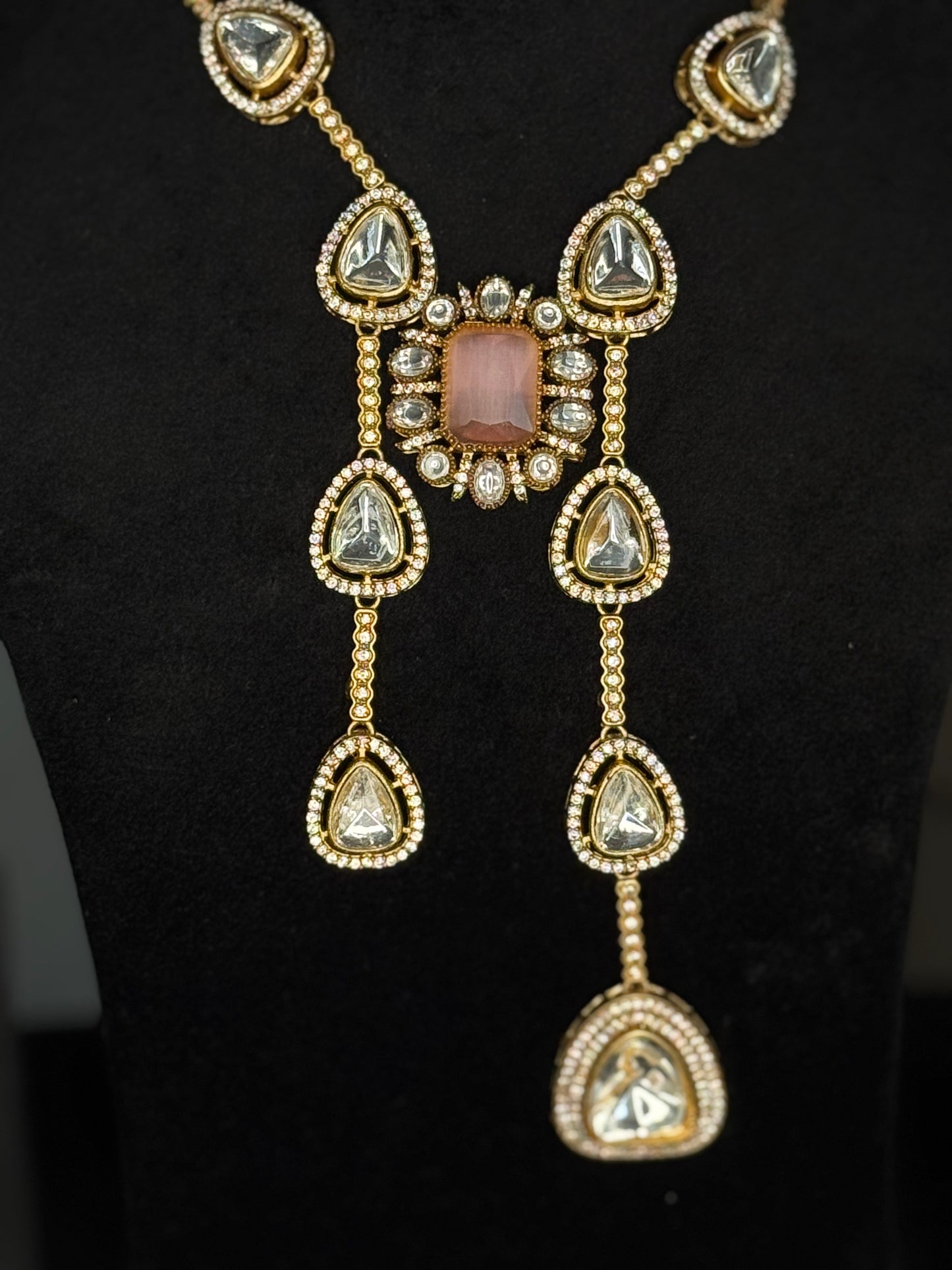 Elegant Pink Stone & Kundan Bridal Necklace Set