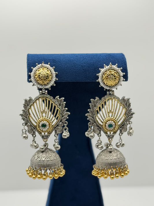 Green Stone Fan-Design Dual-Tone Jhumkas