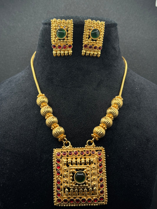 Traditional Gold Plated Necklace Set with Ruby & Emerald Stones