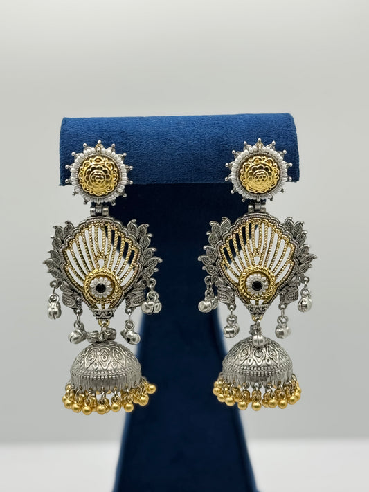 Blue Stone Fan-Design Dual-Tone Jhumkas