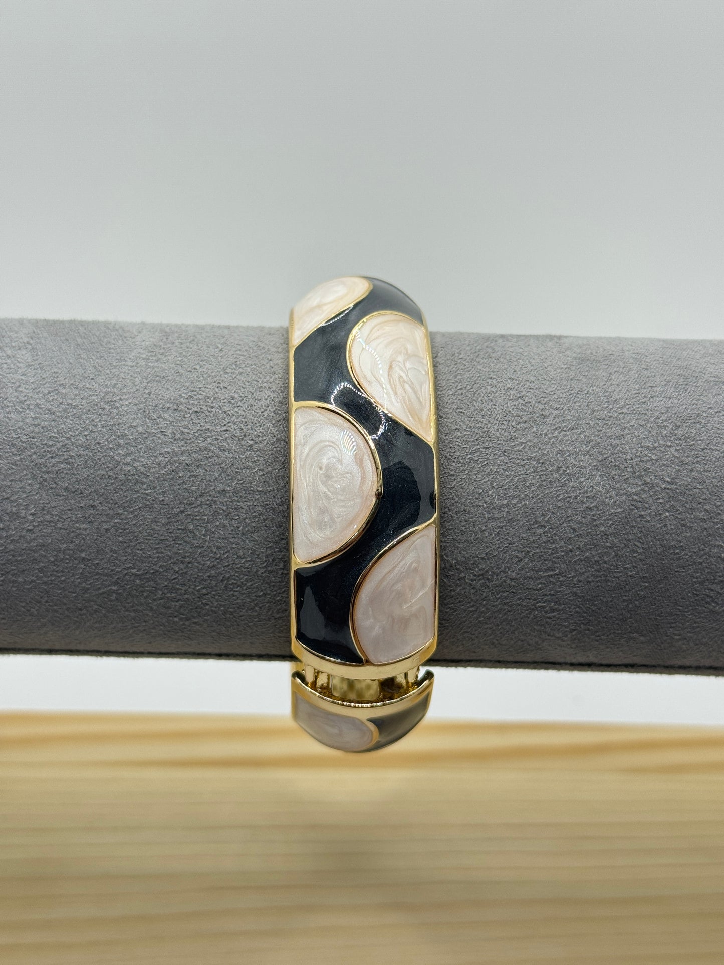 Wide Bangle with Black, White, and Gray Stripes on Gold