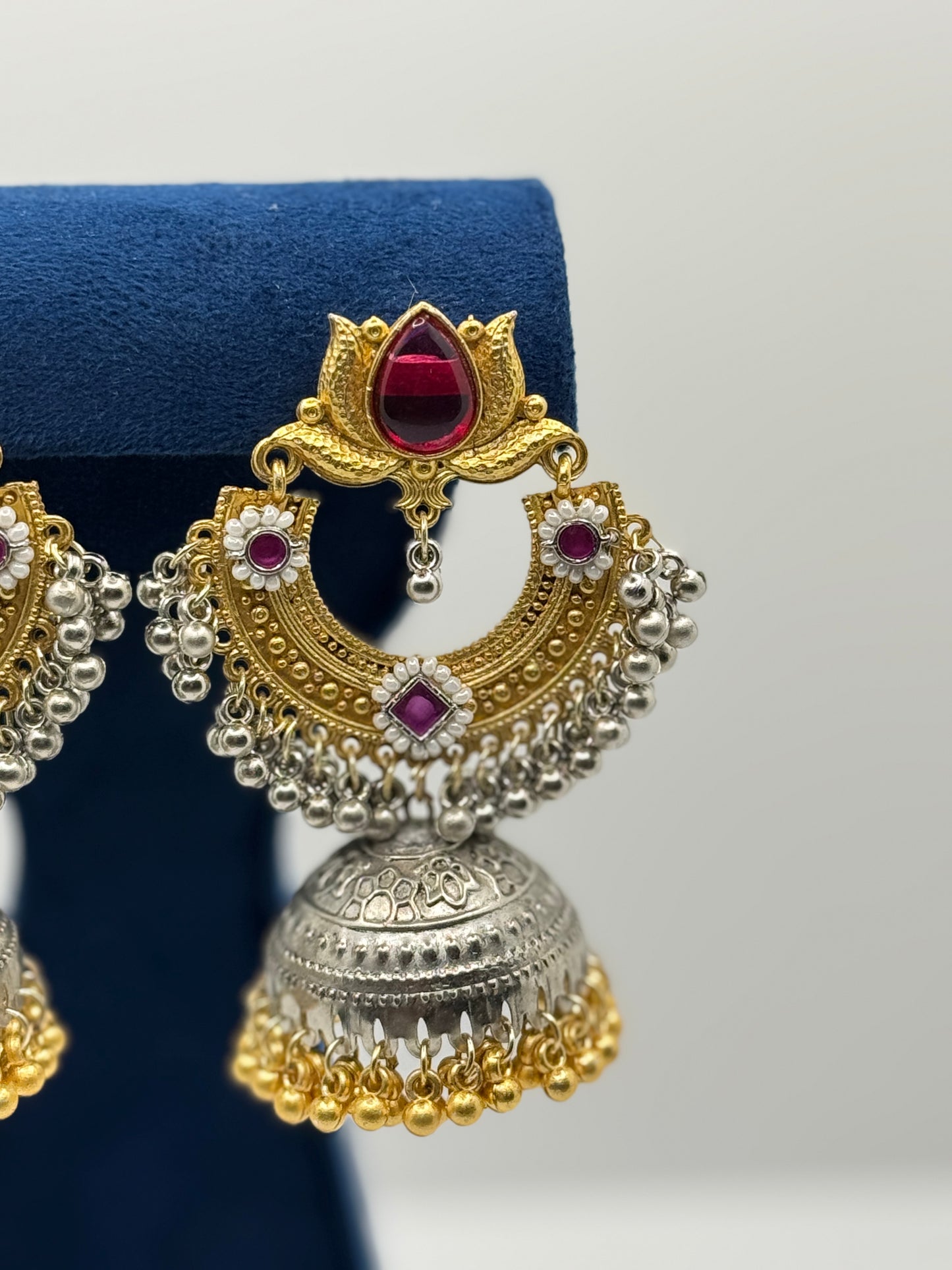 Ruby Red Stone Chandbali Jhumkas