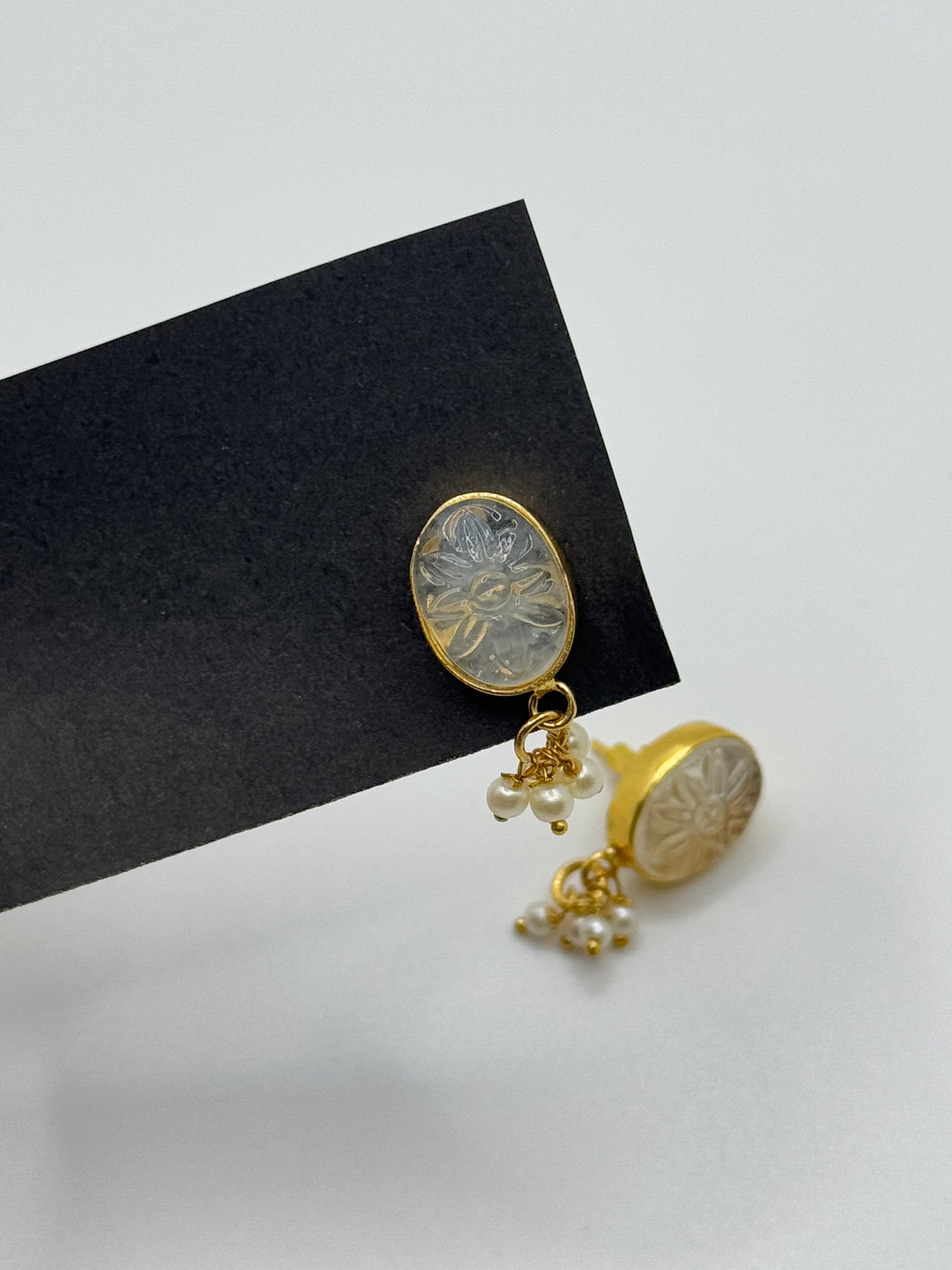 Gold Carved Crystal Drop Earrings with Pearls