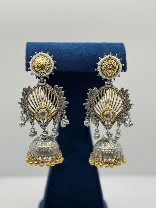 Pink Stone Fan-Design Dual-Tone Jhumkas