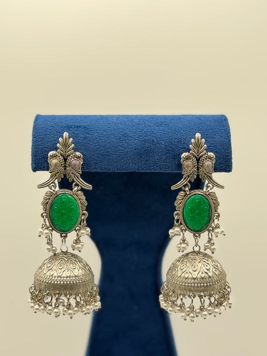 Deep Green Carved Stone Peacock Jhumkas