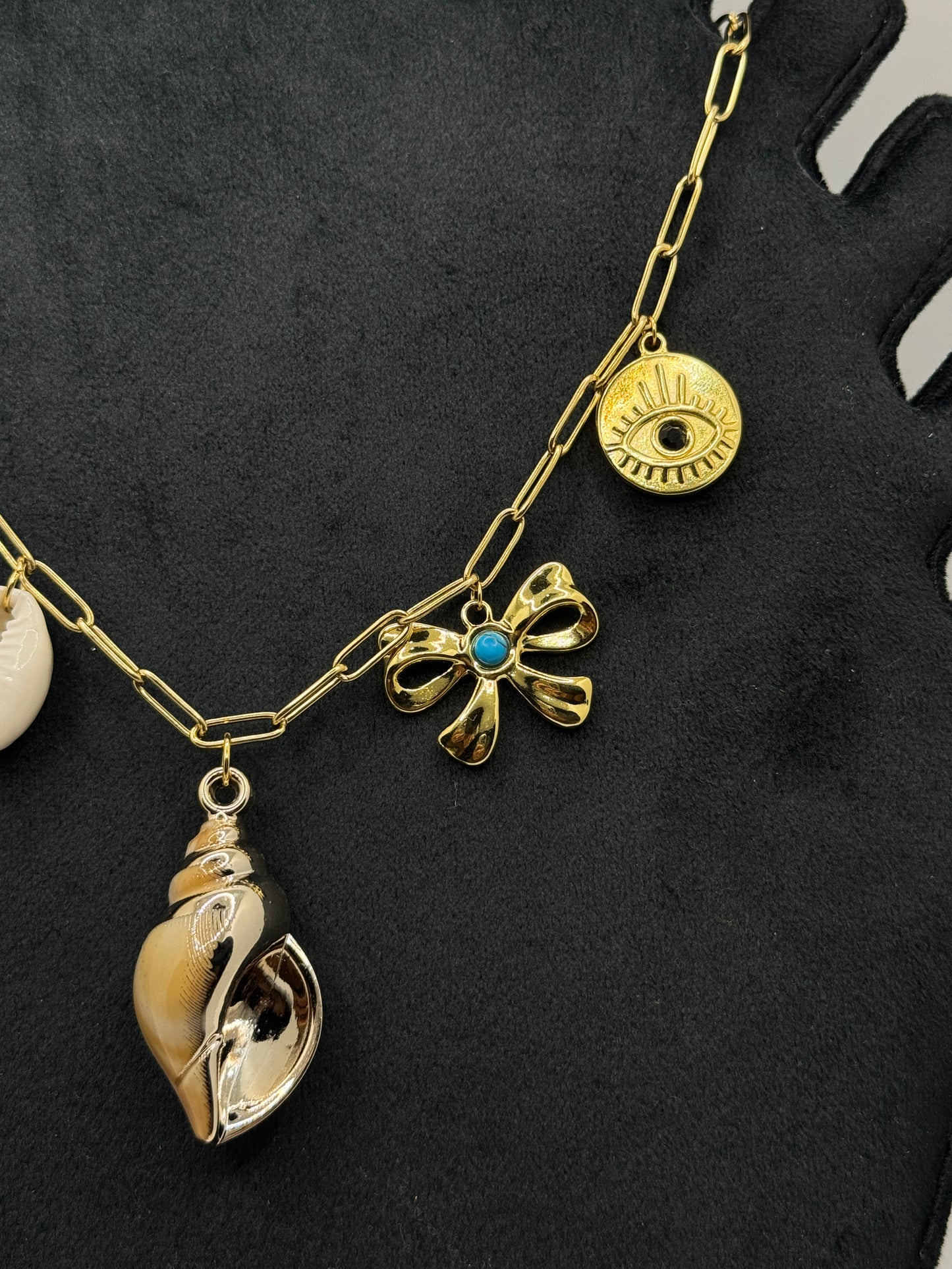 Gold-Tone Charm Link Necklace with Shells and Evil Eye