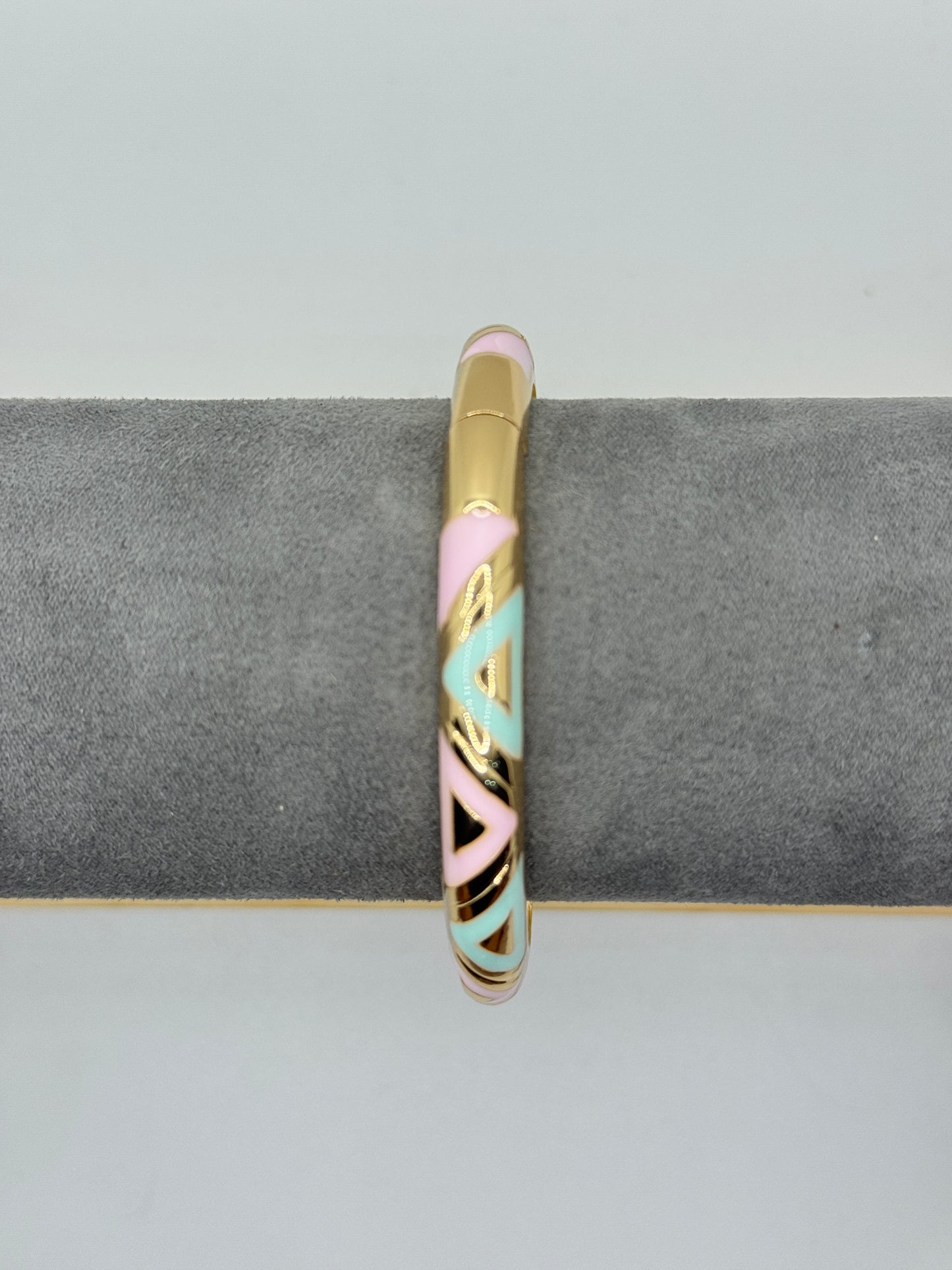 Gold Bangle with a Pastel Pink and Blue Geometric Pattern