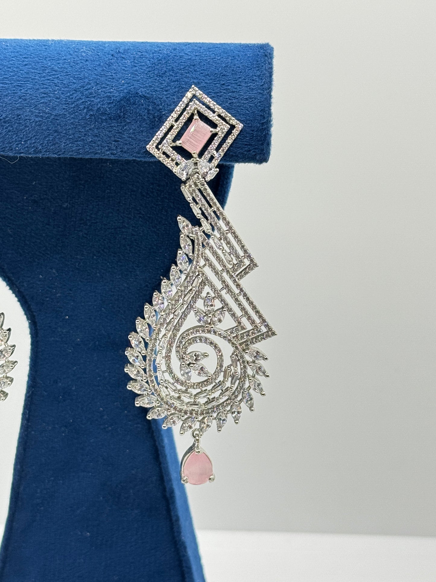 Ornate Silver-Tone & Pink Gemstone Drop Earrings