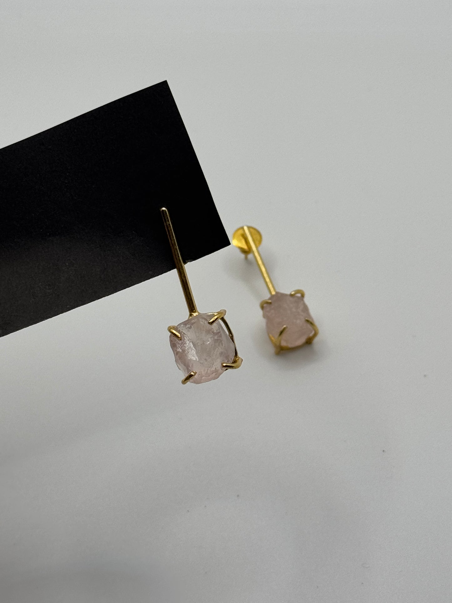 Raw Rose Quartz Stone Gold Drop Earrings