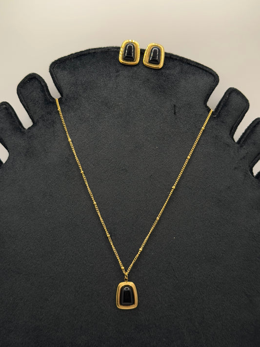 Gold Tone Pendant and Stud Earring Set with Black Inlay