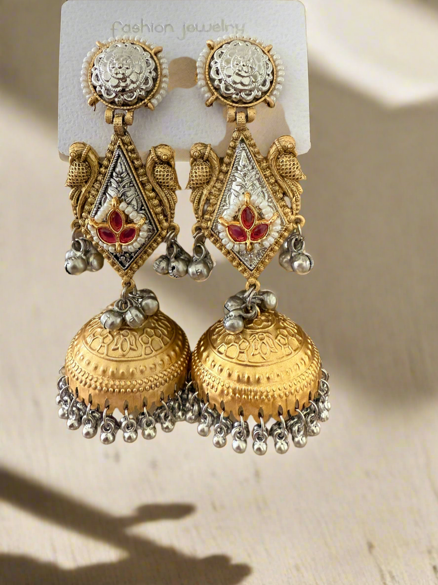 Exquisite Dual-Tone Jhumka Earrings with Maroon Stone and Pearl
