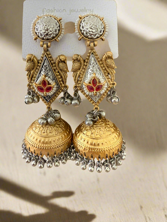 Exquisite Dual-Tone Jhumka Earrings with Maroon Stone and Pearl