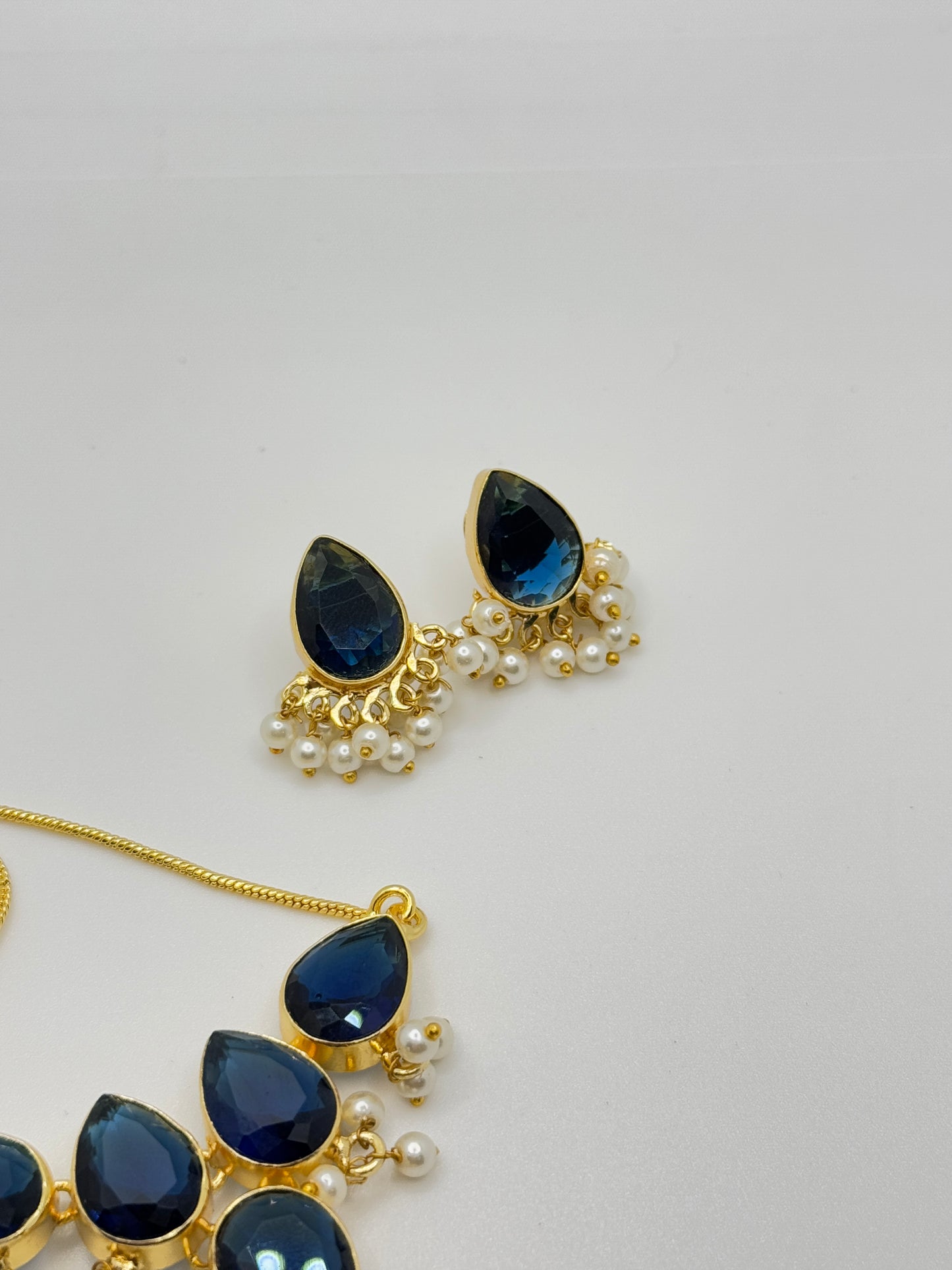 Deep Blue Teardrop Stone Necklace and Earring Set with Pearl Accents