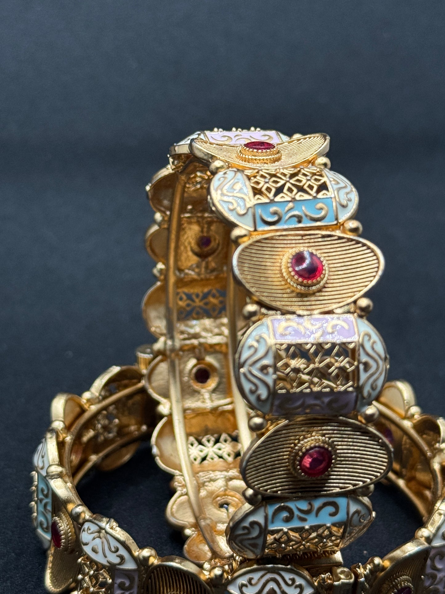 Antique Gold-Plated Meenakari Kada Bangles with Red Stones 2*6