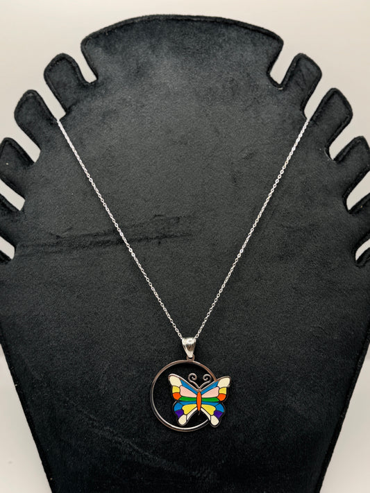 Colorful Enamel Butterfly Circle Necklace