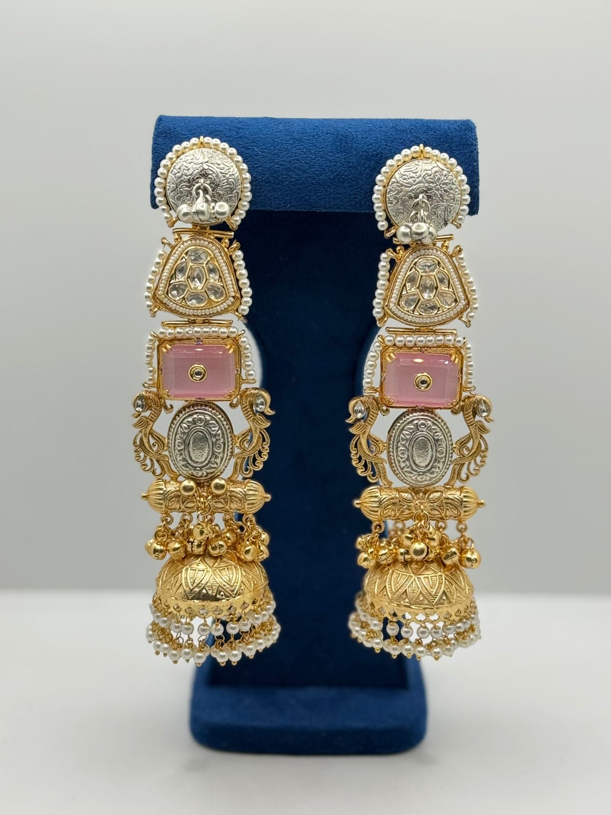 Pink Stone and Gold Jhumka Earrings