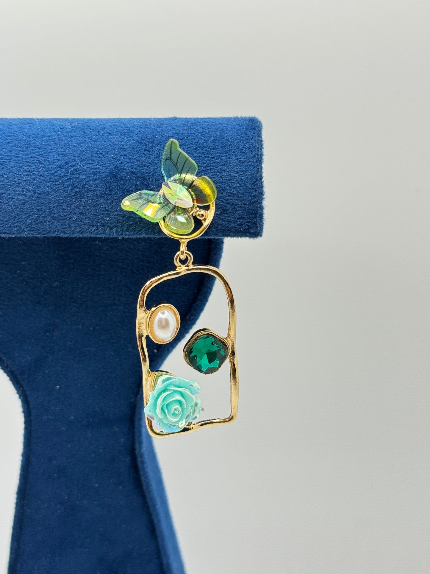 Whimsical Floral Drop Earrings with Butterfly & Rose Details