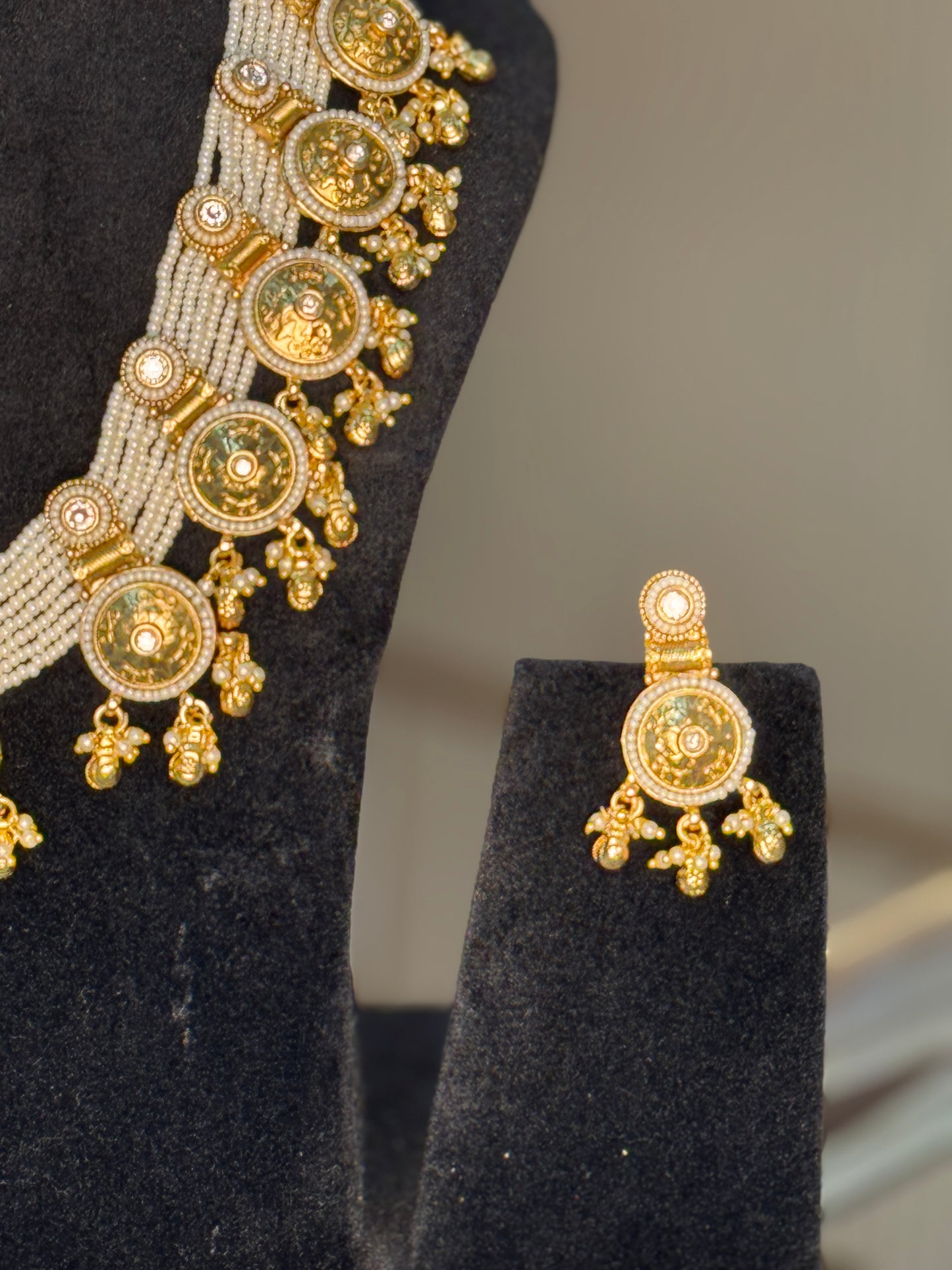 Elegant Pearl & Gold Plated Long Necklace Set with Coin