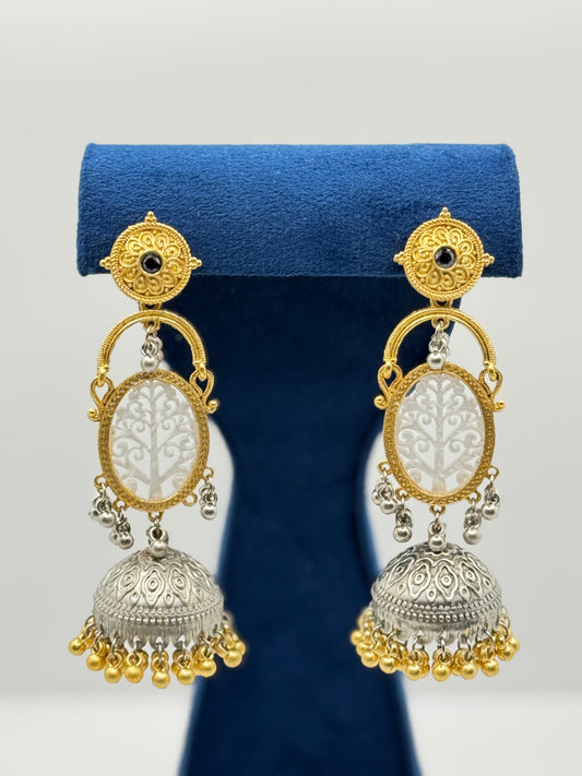 Black Stone Dual-Tone Tree Jhumkas