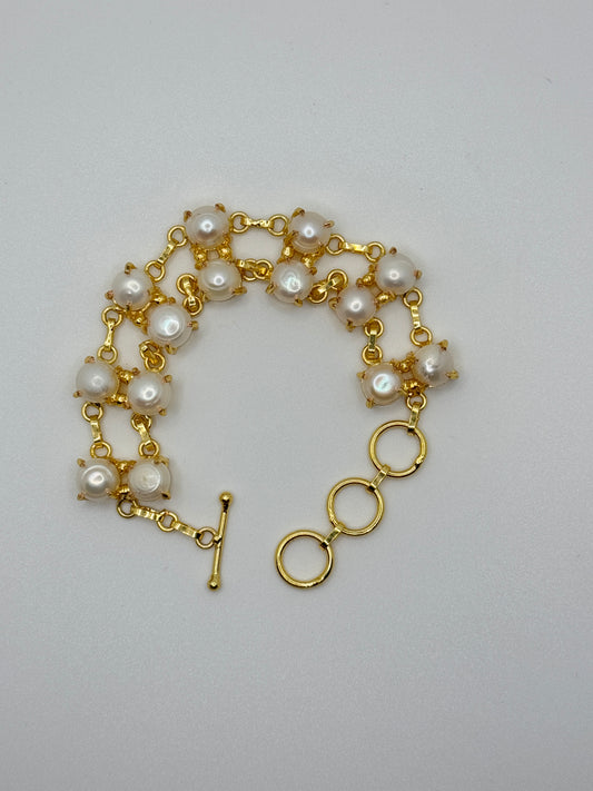 Pearl & Gold Double Strand Bracelet with Toggle Clasp