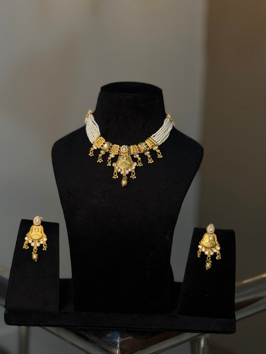 Classic Pearl & Gold-Plated Choker Set with Antique Design