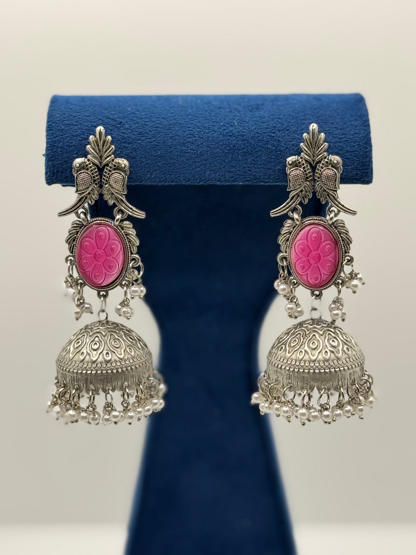 Deep pink Carved Stone Peacock Jhumkas