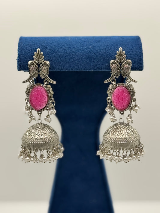 Deep pink Carved Stone Peacock Jhumkas