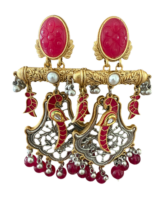 Mode Mania Traditional Maroon Color Enameled Kundan and Pearl Studded Jhumka Earrings