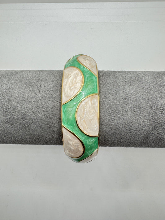 Green and White Enamel Bangle with Gold Accents