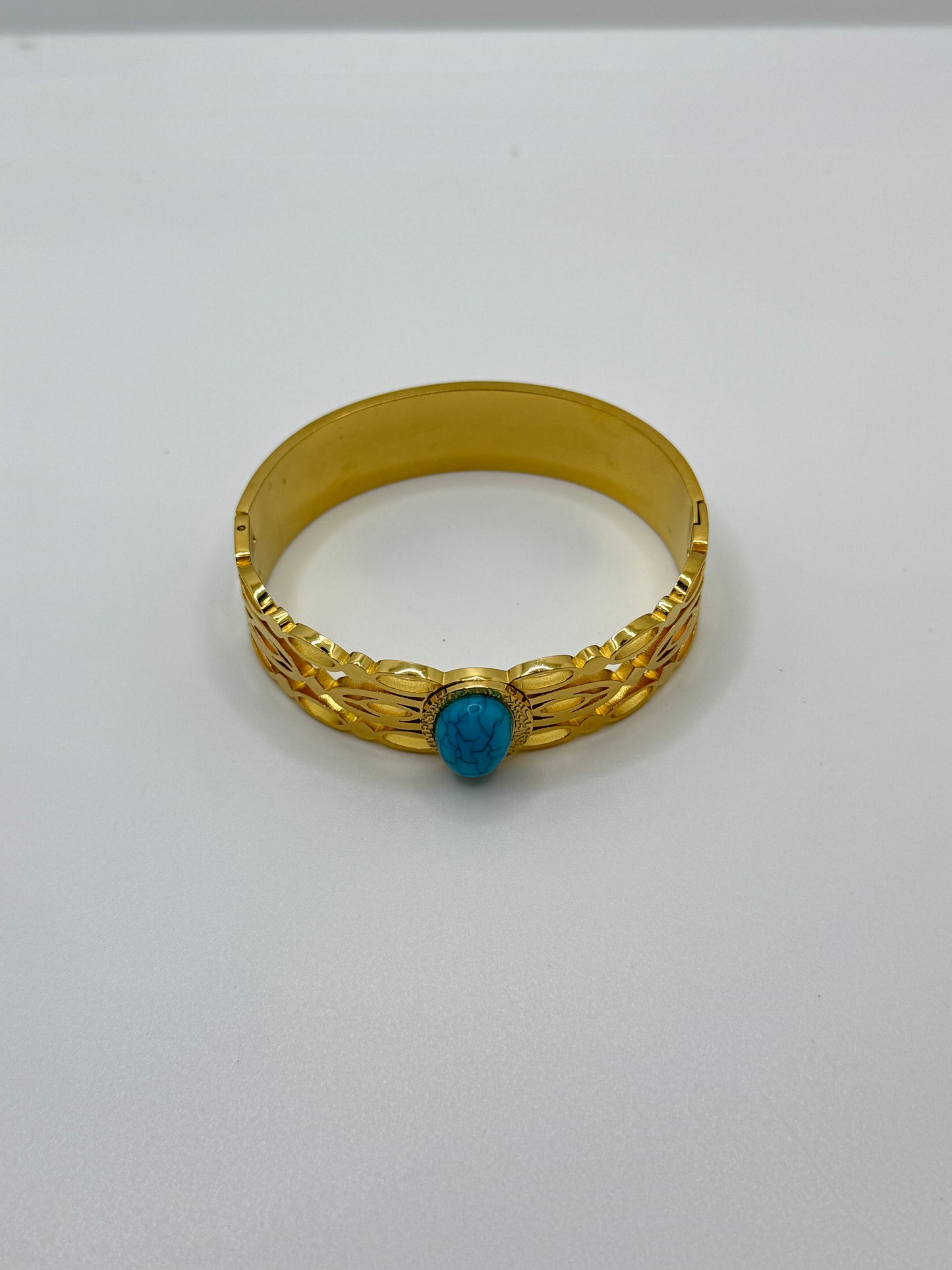 Gold Cuff with Turquoise Cabochon and Filigree