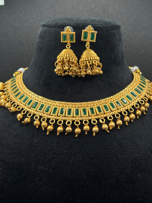 South Indian Traditional Gold Plated Necklace Set with Green Stones & Jhumkas