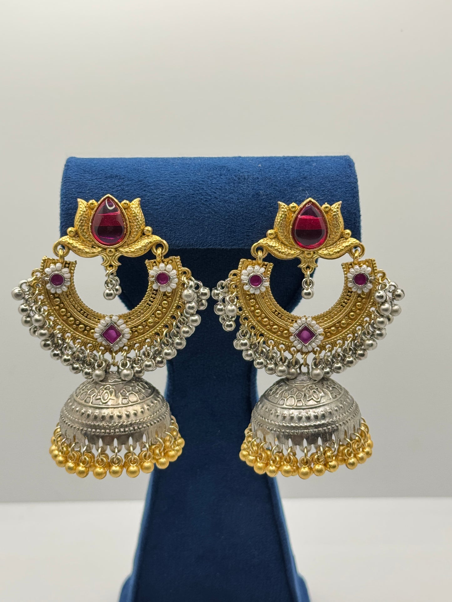 Ruby Red Stone Chandbali Jhumkas