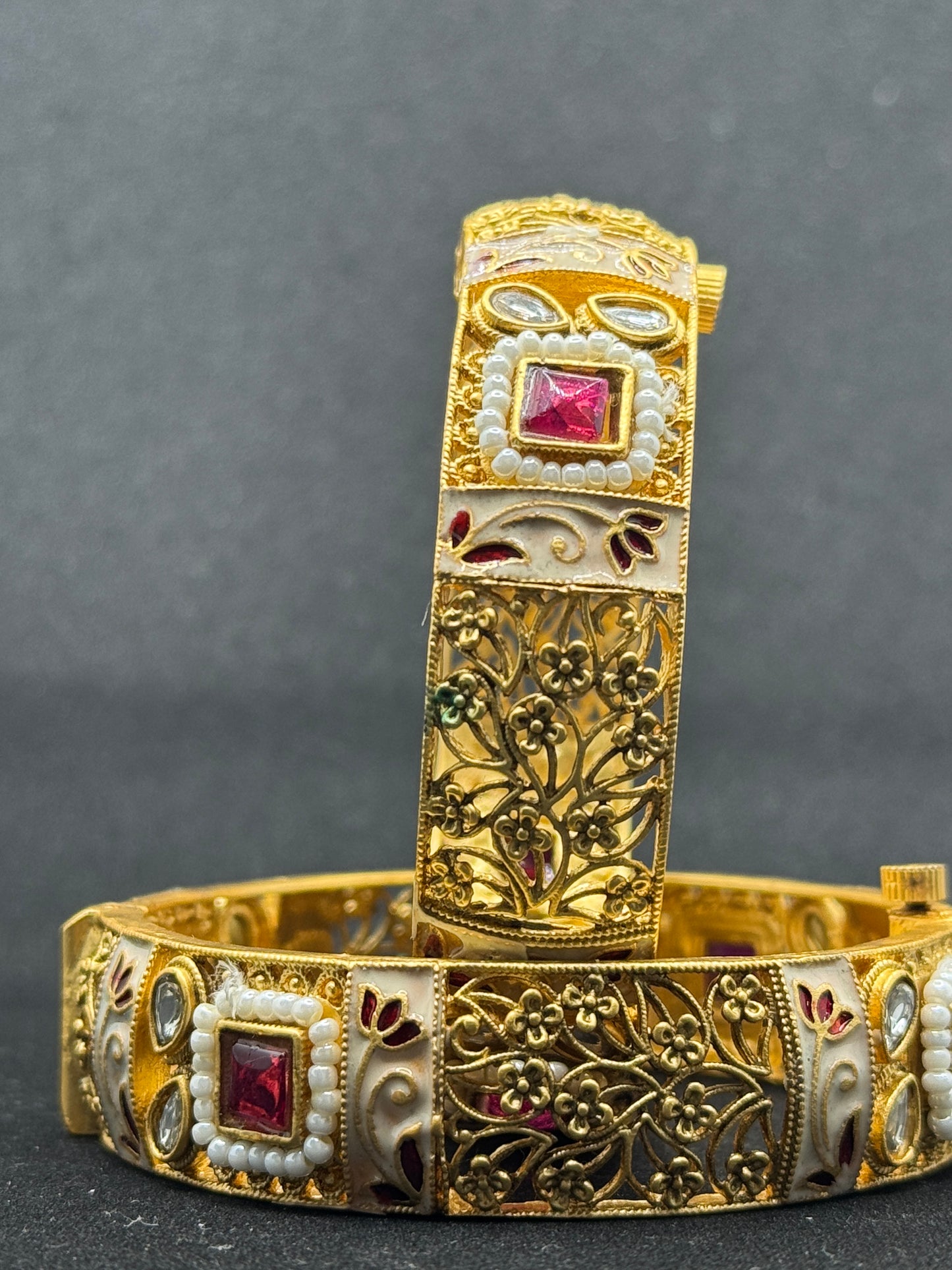 White Meenakari and Polki Gold Plated Bangles 2*6